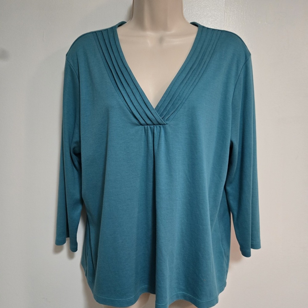 LL Bean Petite  XLP Teal Supima Cotton 3/4 Sleeve Pleated‎ V Neck Shirt Top